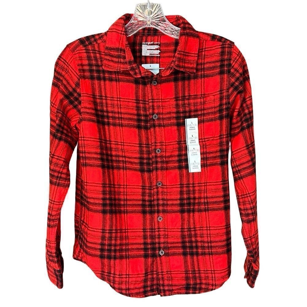 NWT Cat & Jack Boys Long Sleeve Flannel Plaid Button-Up Red/Black  Large (10/12)